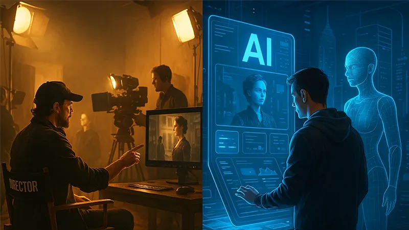 AI and filmmaking futuristic interface showing neural networks and cinematic elements merging together
