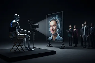 Film student analyzing a shot composition while reading MDFA's cinematography blog on an iPad, with ARRI Alexa 35 camera visible in the background